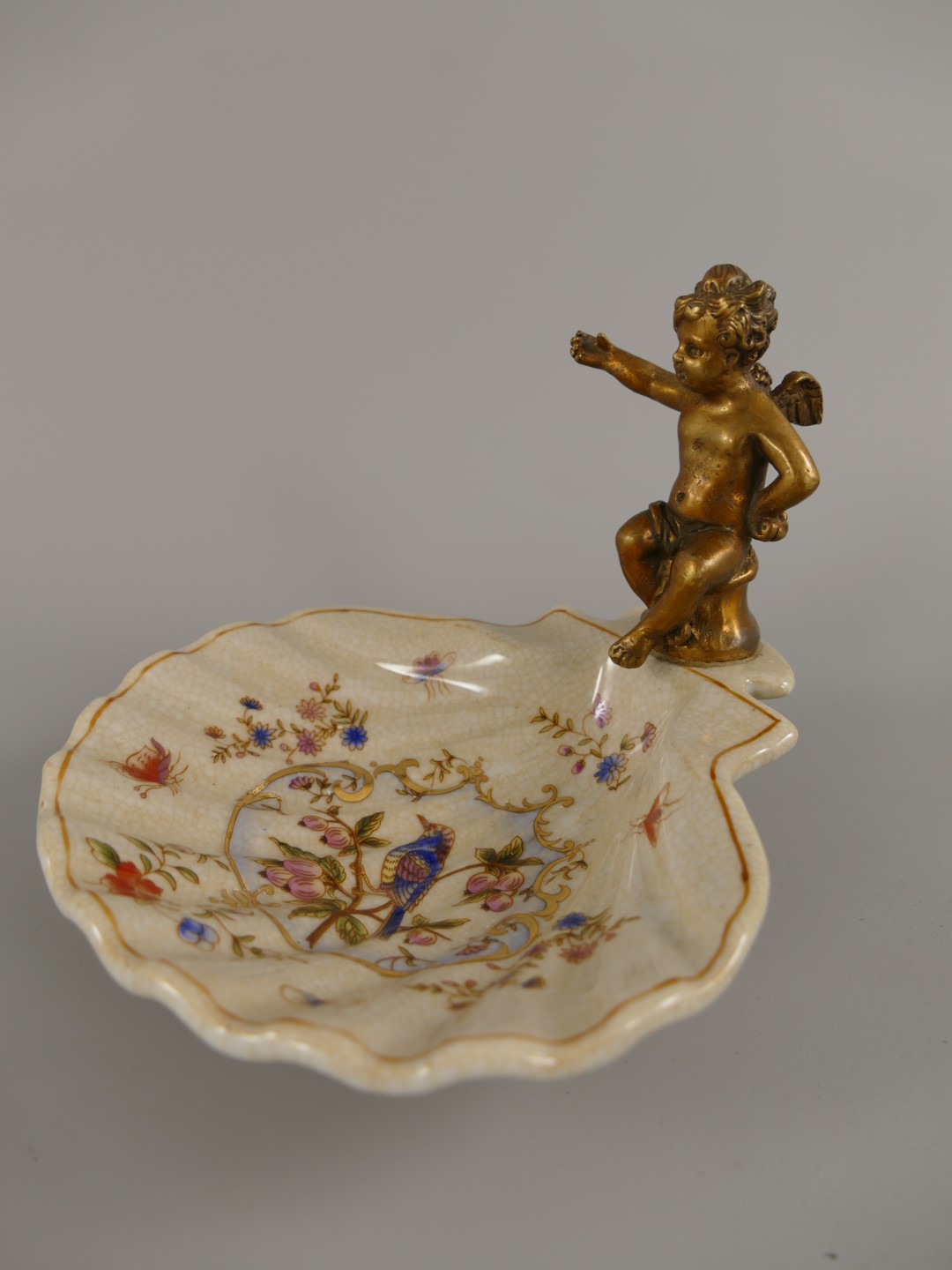 Porzellan/Mess. Schale figur VOGEL H.11x14cm