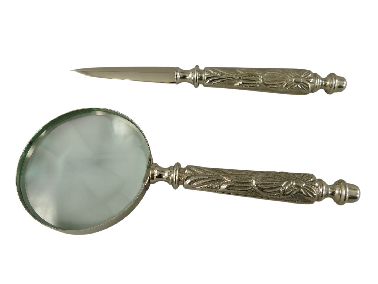 *ANG./NOV. Brieföffner/Lupe vernickelt Set L.25cm