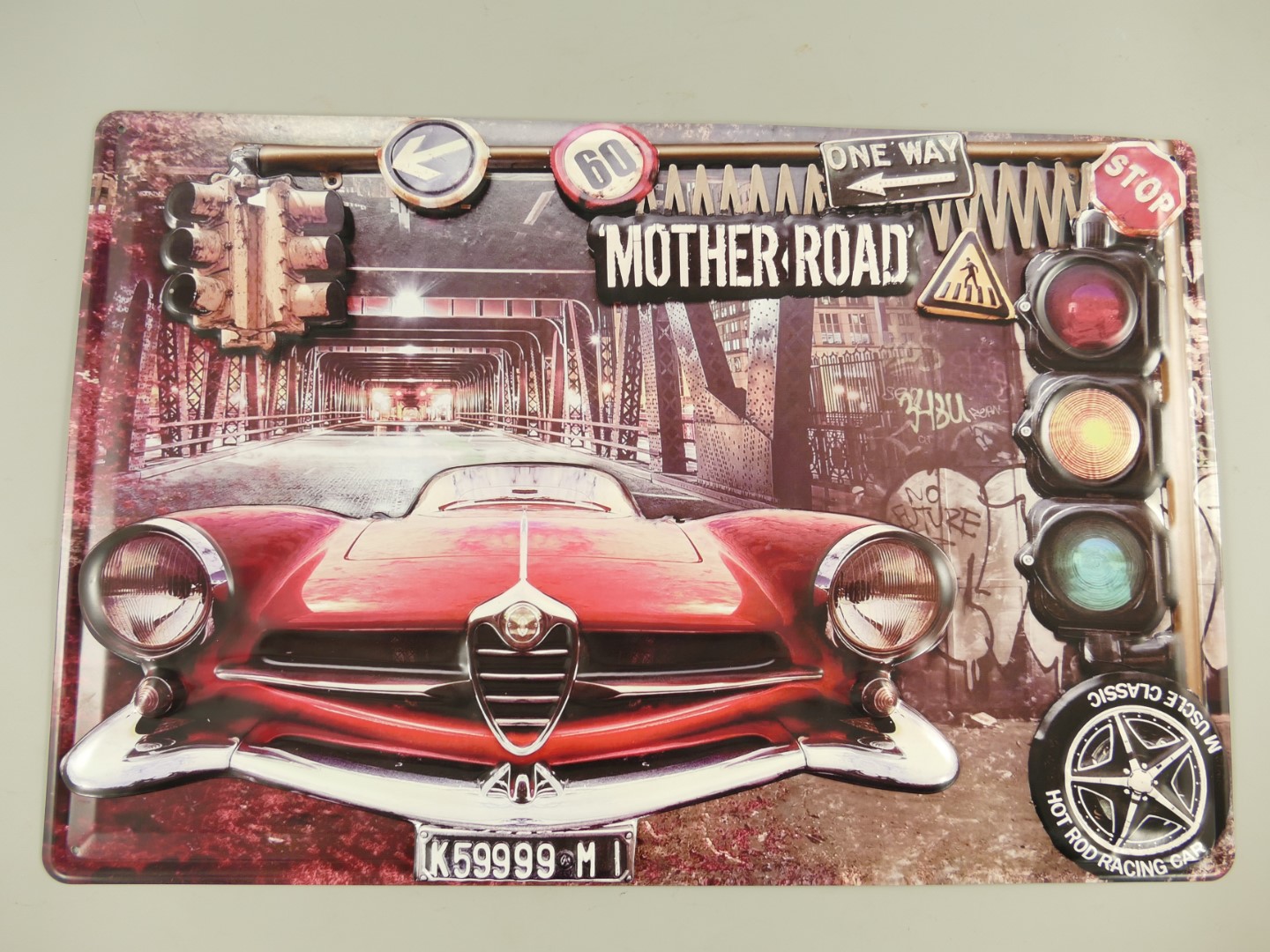 Wandschild(Gestanz) Eisen Auto Mother Road L.60cm